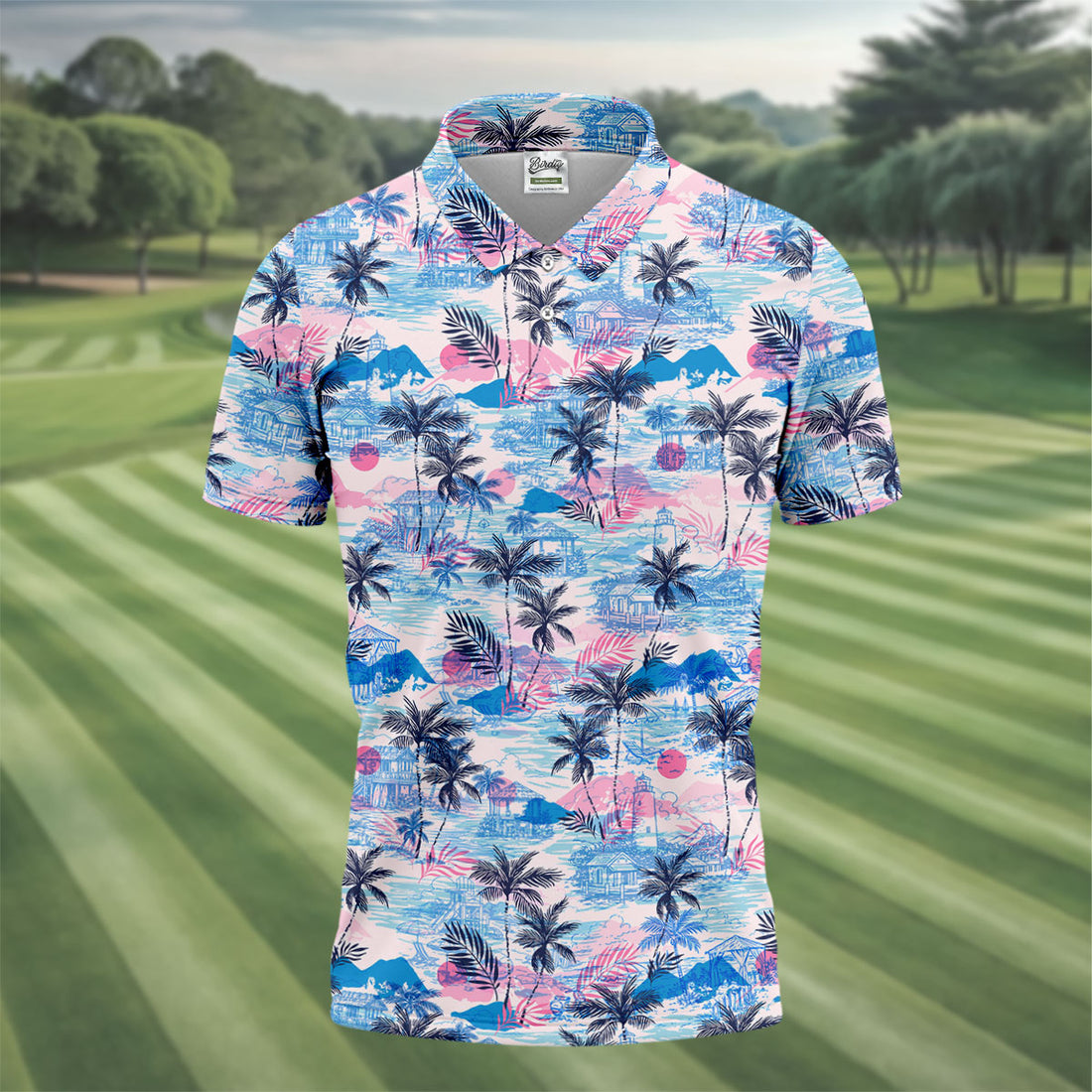 Tropical Island Sunset Pink And Blue Hawaiian Golf Shirt, Polo Shirtor Men, Golfing Apparel