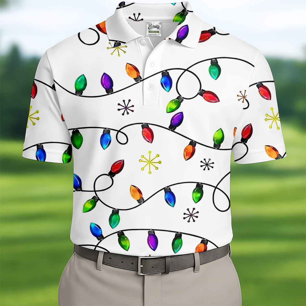 Christmas Light Print Fun Men's Golf Polos, Christmas Golf Shirt, Unique Gift For Golfer, Polo ShirtFor Men