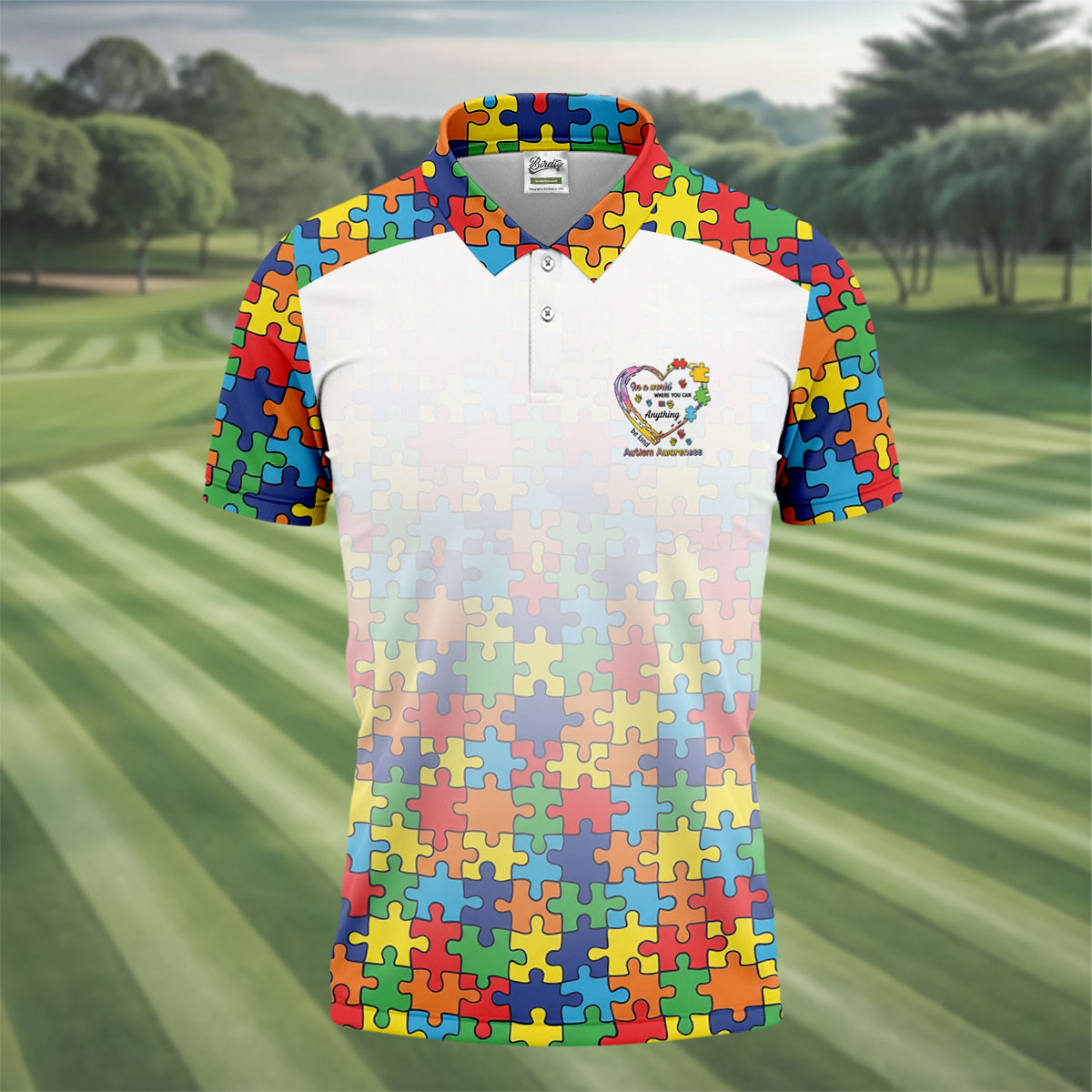 In A World Where You Can Be Anything Be Kind Autism Awareness Puzzle Pattern White Fade Golf Shirts For Men