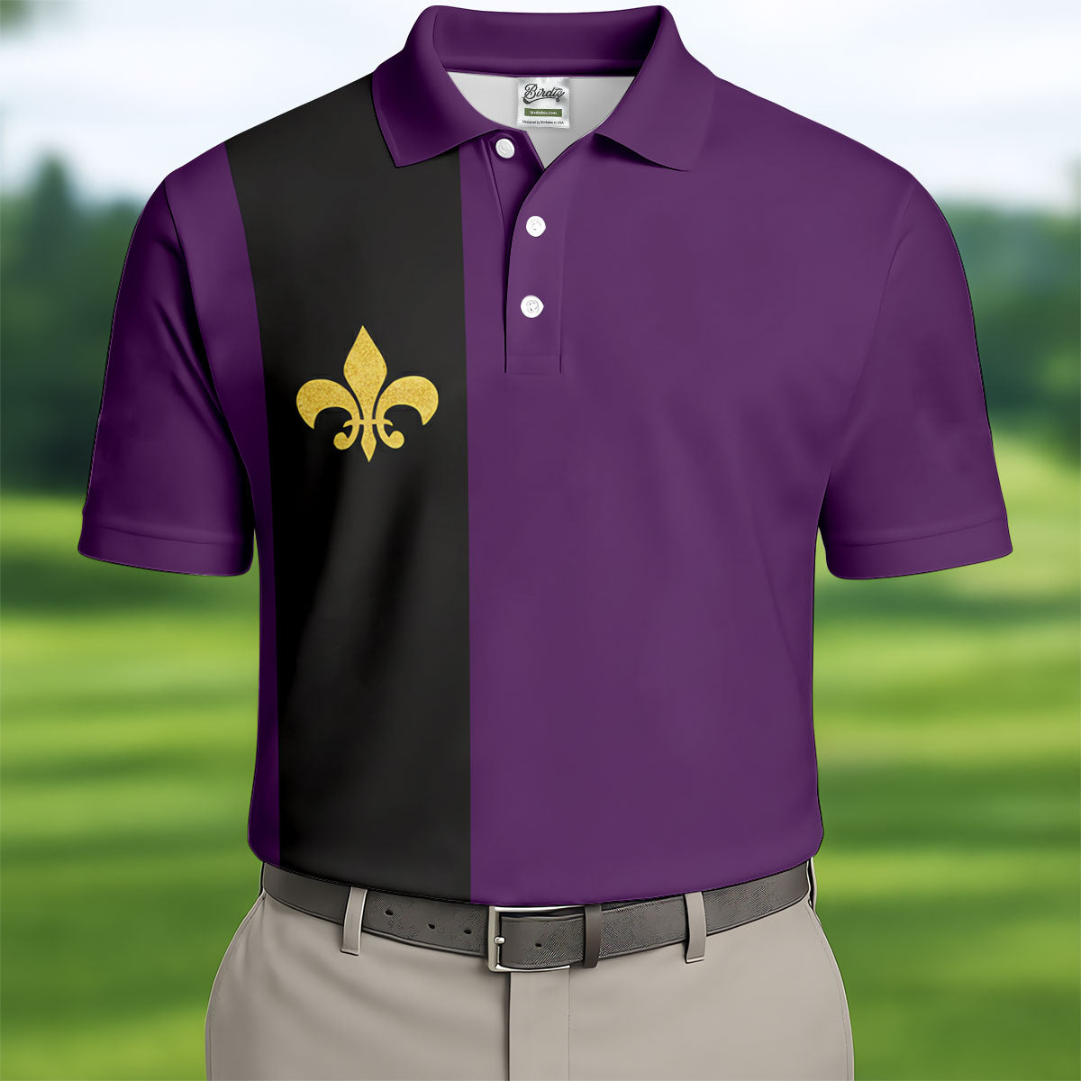 Mardi Gras Fleur De Lis Black Vertical Stripe Purple Golf Shirt, Polo ShirtFor Men, Golf Shirts For Men