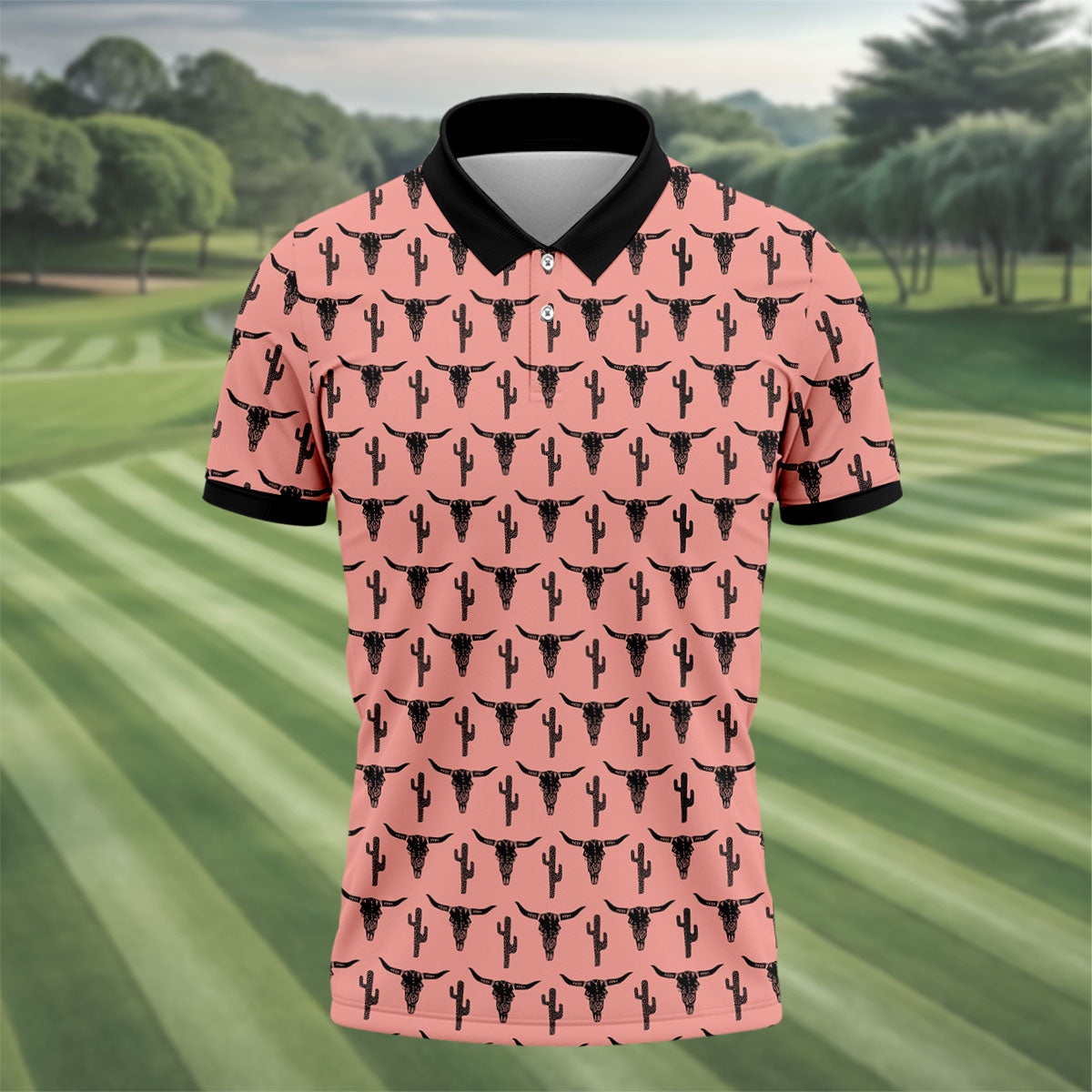 Longhorn Cow Skull Western Theme Peach Pink Golf Tops For Men, Polo Shirtor Men, Golf Shirts For Men