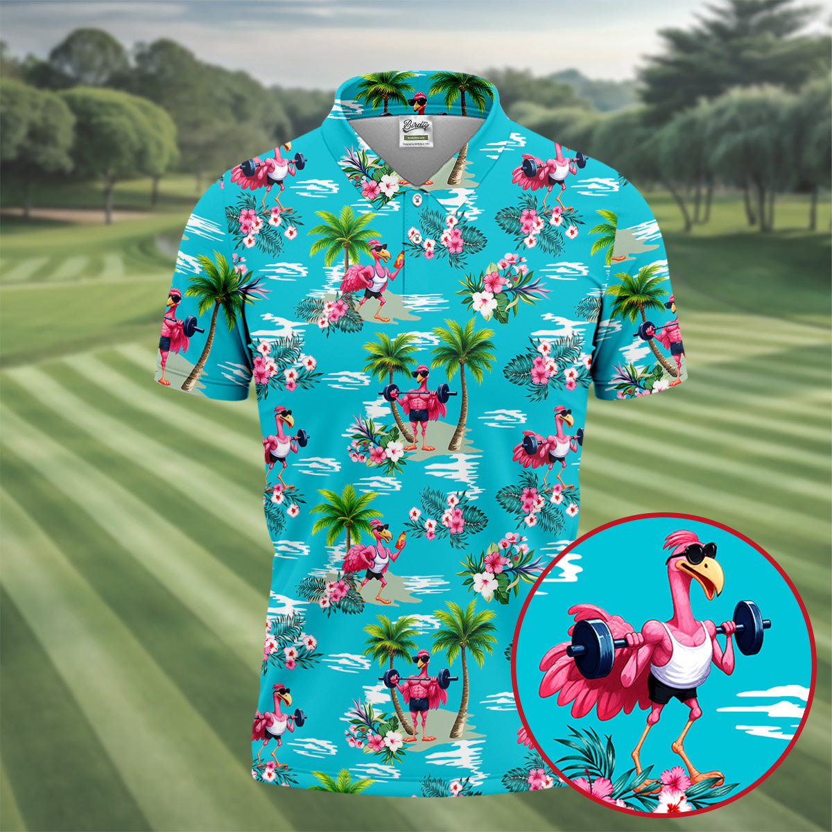 Funny Weightlifting Flamingo Tropical Hawaiian Golf Shirt, Mens Golf Polo, Printed Golf Shirts