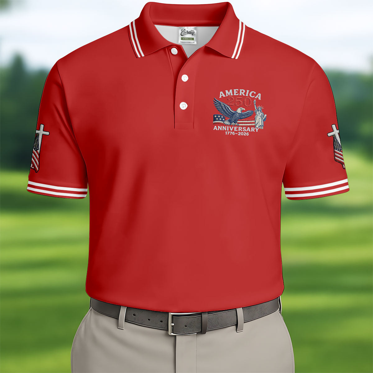 Faith Cross Bald Eagle America 250 Anniversary Red Patriotic Golf Shirt, Golf Shirts For Men
