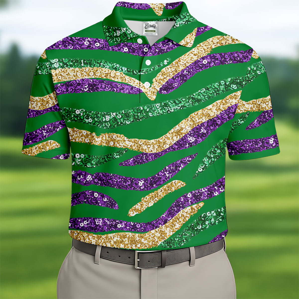 Purple Green Gold Sequin Pattern Green Golf Shirt, Mardi Gras Golf Shirt, Polo ShirtFor Men