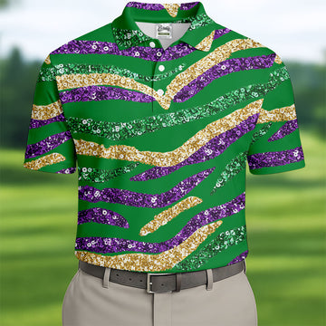 Purple Green Gold Sequin Pattern Green Golf Shirt, Mardi Gras Golf Shirt, Polo ShirtFor Men