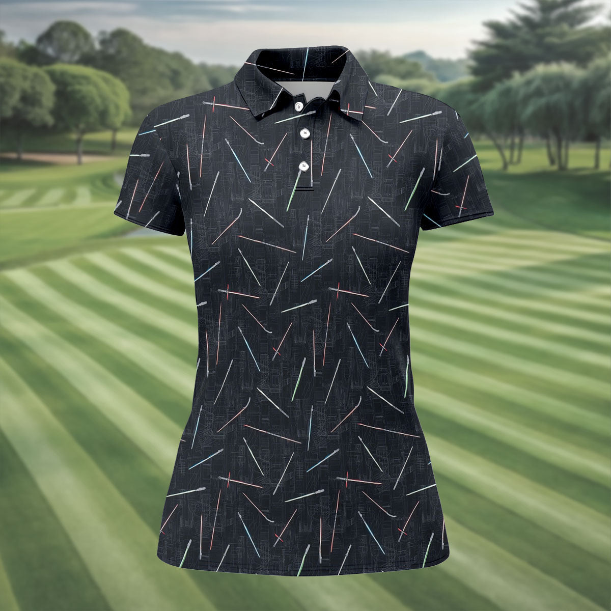 Minimalist Neon Lightsaber Pattern Golf Shirt, Women’s Golf Tops, Performance Golf Shirt