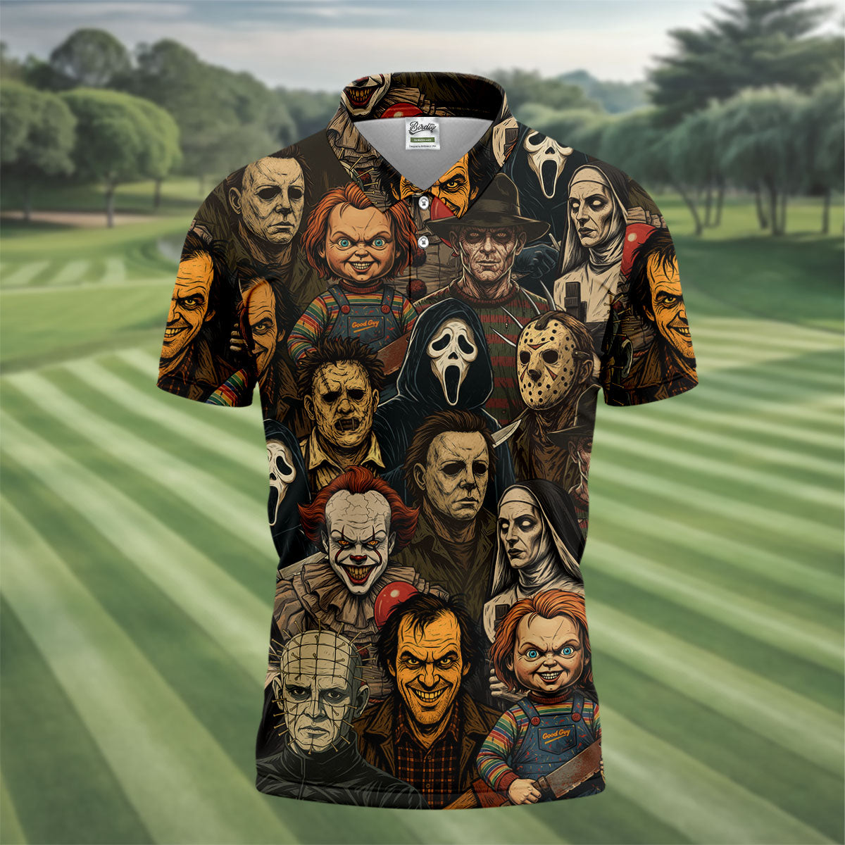 Horror Halloween Character Halloween Men's Polo Shirt Horror Movie Shirt, Mens Golf Shirts, Halloween Golf Shirt