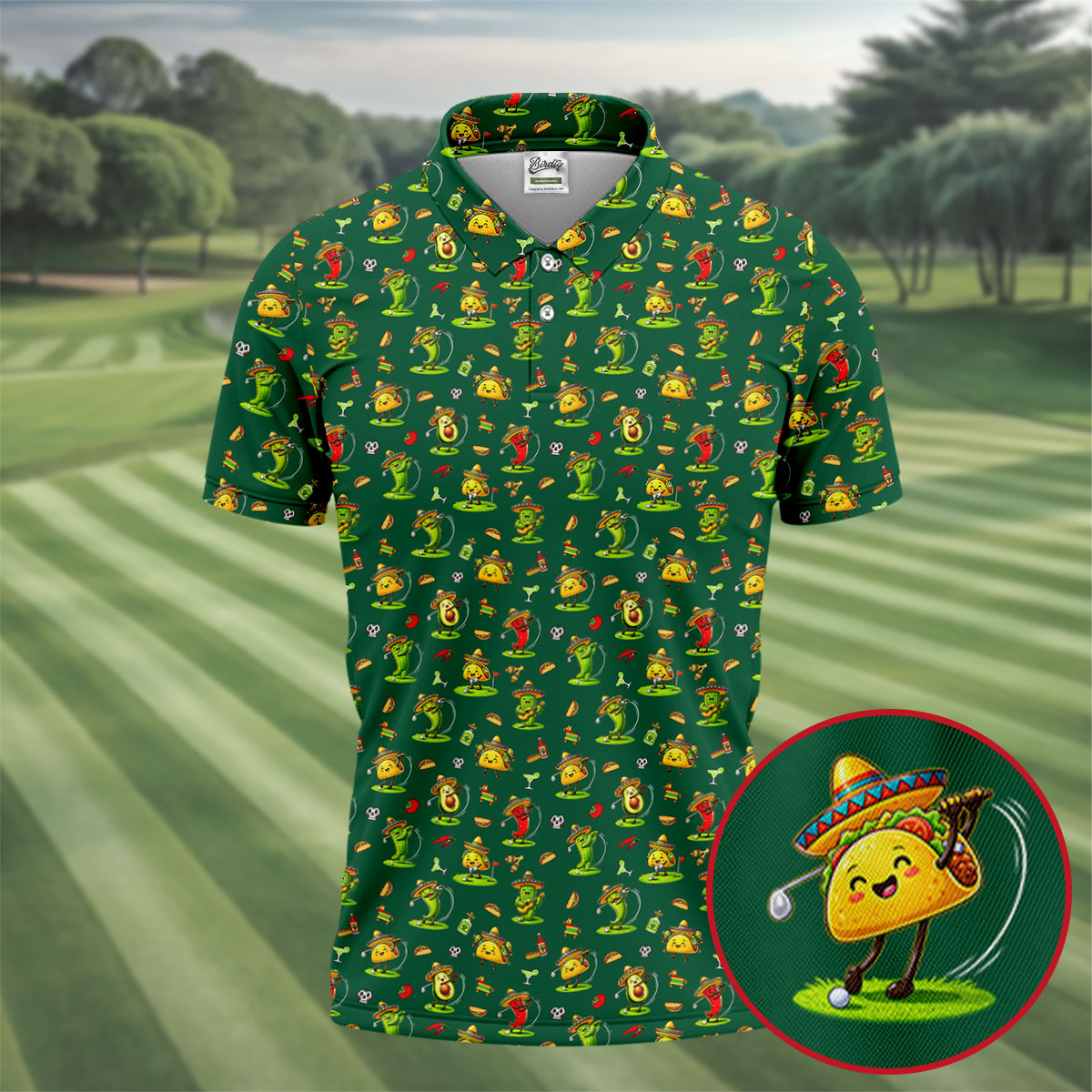 Mexican Cartoon Food Characters Cinco De Mayo Celebration Fiesta Themed Green Golf Shirts For Men