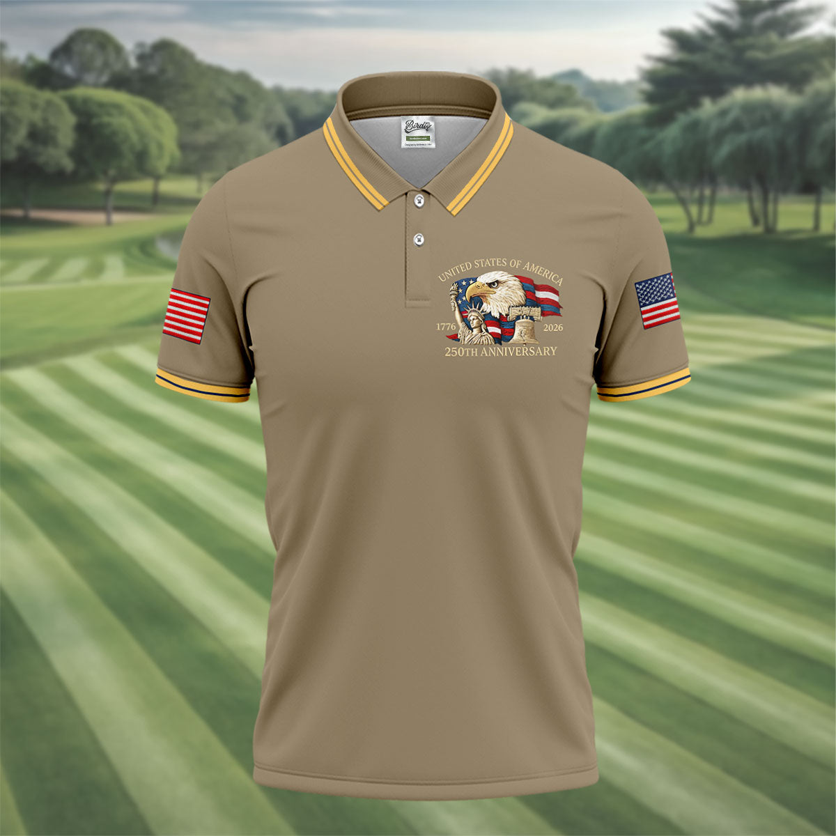 Bald Eagle American Flag 250 Years Sand Golf Shirt, Patriotic 4th Of July Golf Shirts For Men