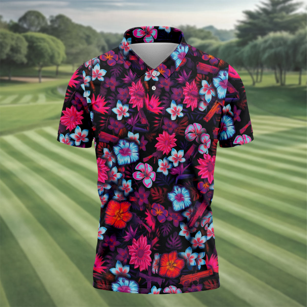 Colorful Hibiscus Tropical Floral Hawaiian Golf Shirt, Summer Vibe Golf Shirts For Men