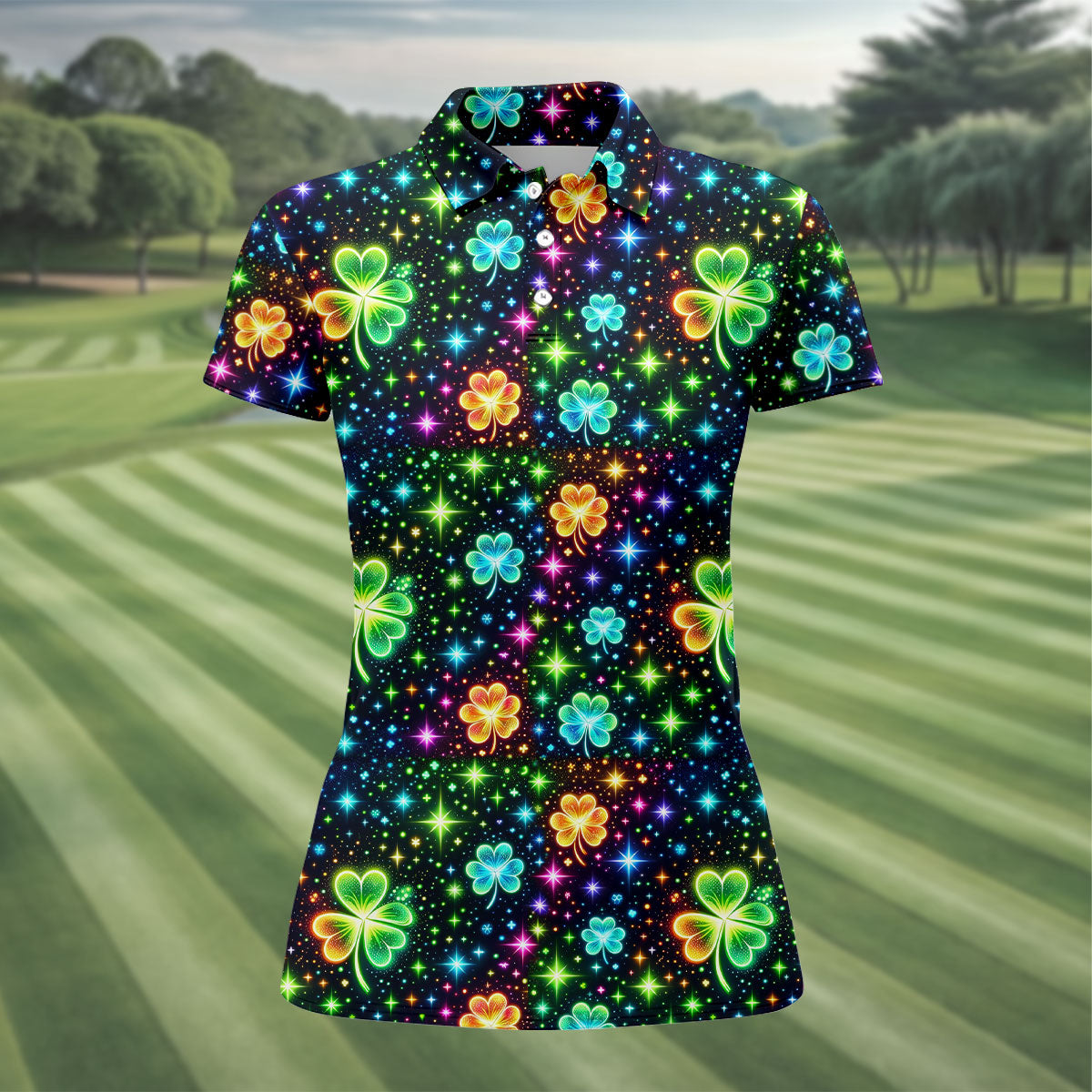 The Star And The Shamrock Rainbow Glitter St Patrick's Golf Shirt, Women's Golf Tops, Ladies Golf Polos
