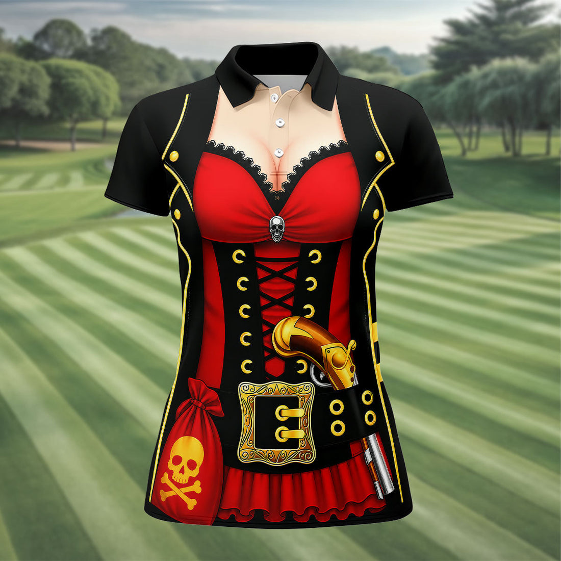 Red Corset Pirate Costume Skull Belt Golf Shirt, Women’s Golf Polo, Ladies Golf Tops, Printed Golf Shirt