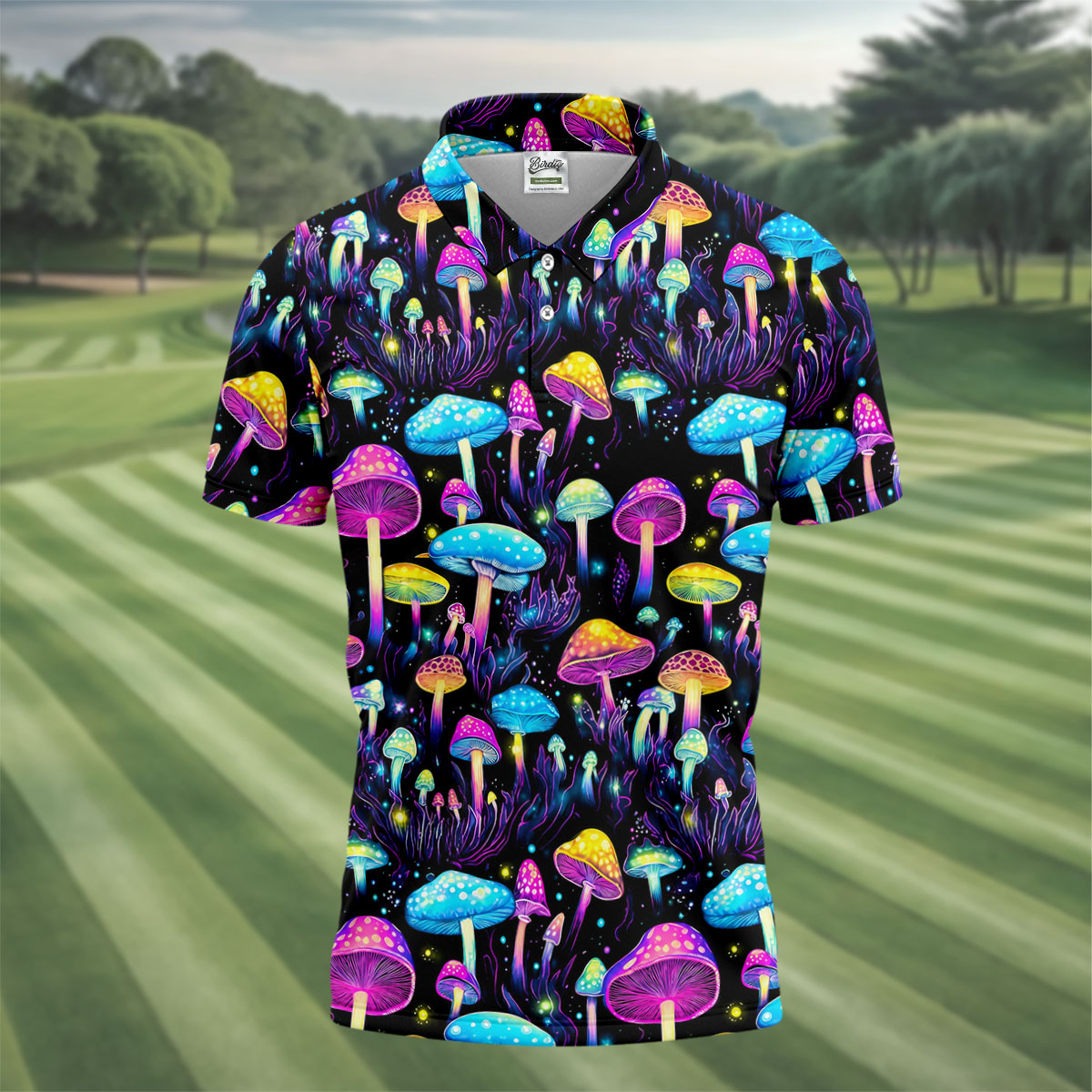 Colorful Neon Mushroom Fantasy Forest Golf Shirt, Mens Golf Polo, Golf Apparel For Men, Printed Golf Shirts