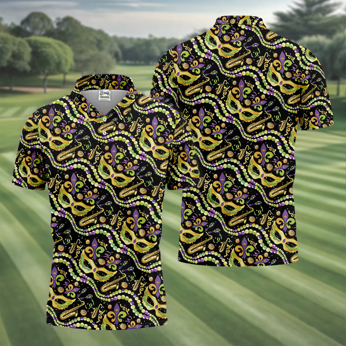 Gold Masquerade Mask Beads String Mardi Gras Golf Shirt, Polo ShirtFor Men, Golf Shirts For Men