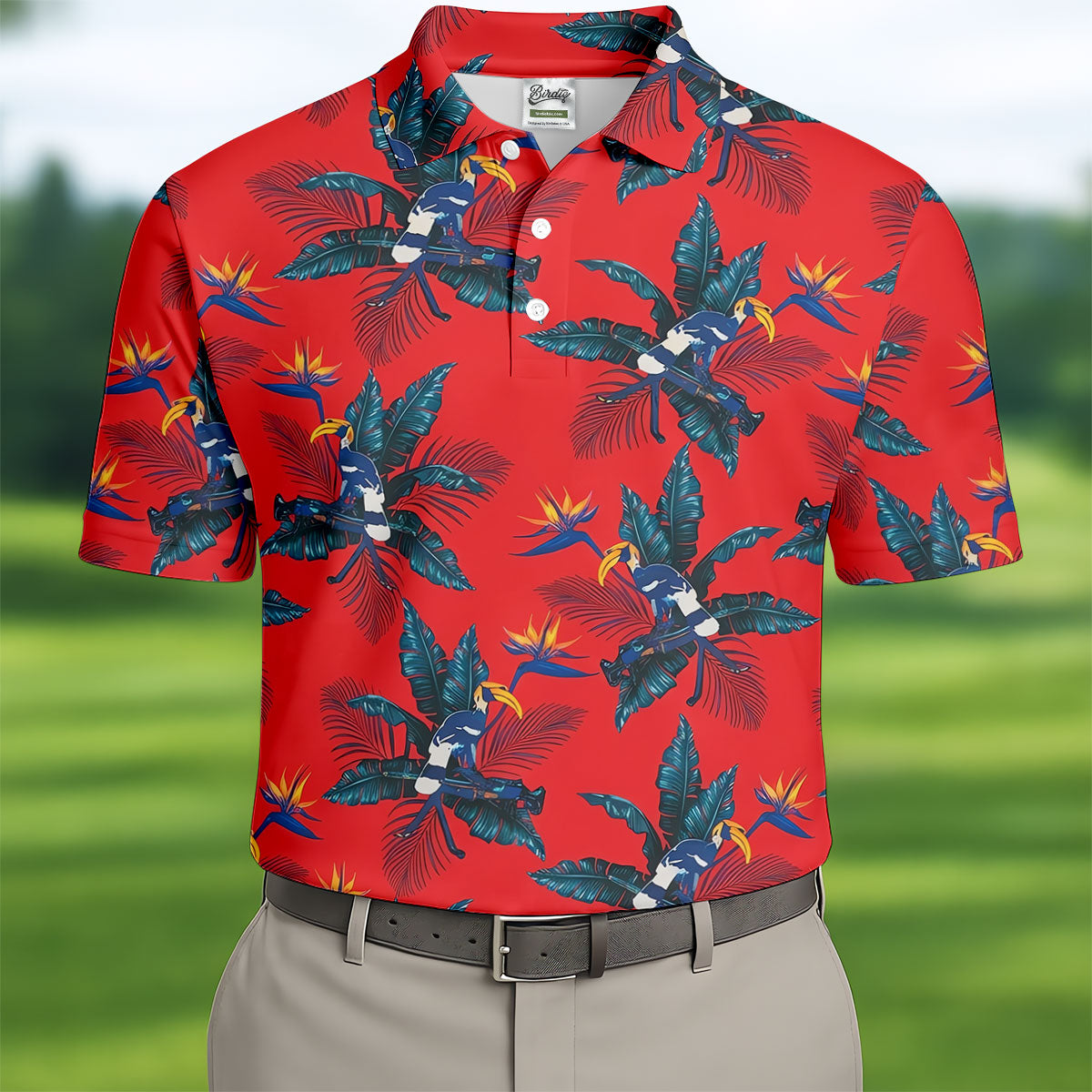 Tropical Toucan Bird Of Paradise Flower Hawaiian Golf Shirt, Summer Vibe Golf Shirts For Men