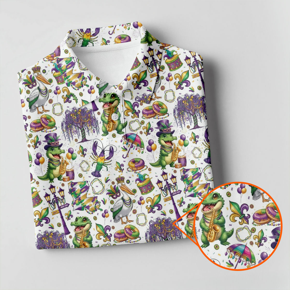 Mardi Gras Fleur De Lis Animal Band White Golf Shirt, Golf Tops For Men, Polo Shirt Men