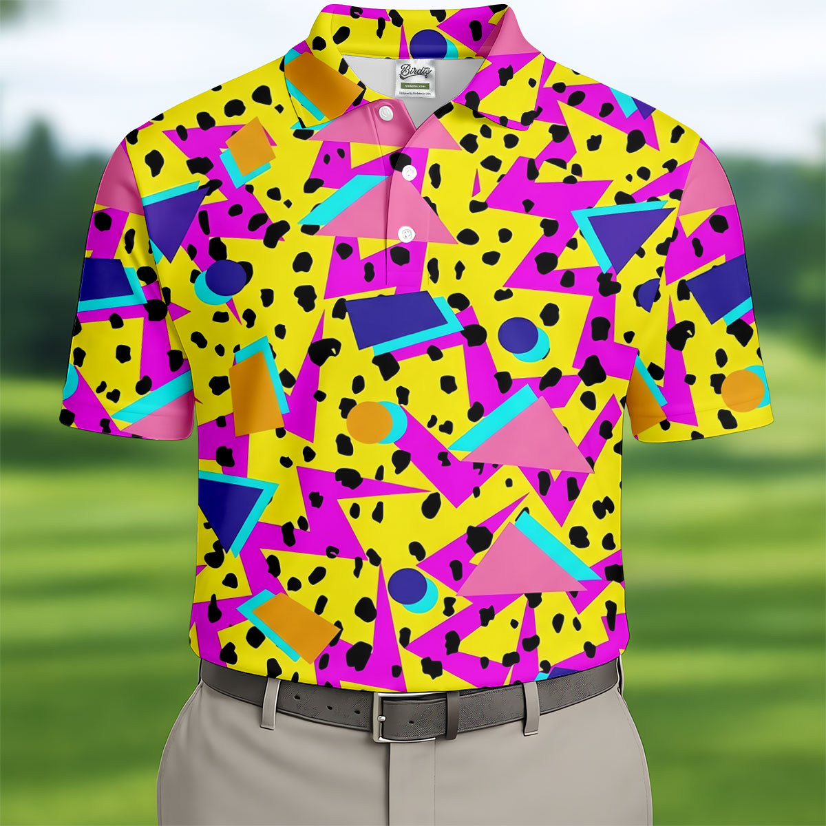 Retro Neon Geometric Shapes Yellow Golf Shirt, Golf Shirts For Men, Mens Golf Apparel, Polo Shirts For Men