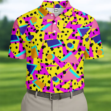 Retro Neon Geometric Shapes Yellow Golf Shirt, Golf Shirts For Men, Mens Golf Apparel, Polo Shirts For Men