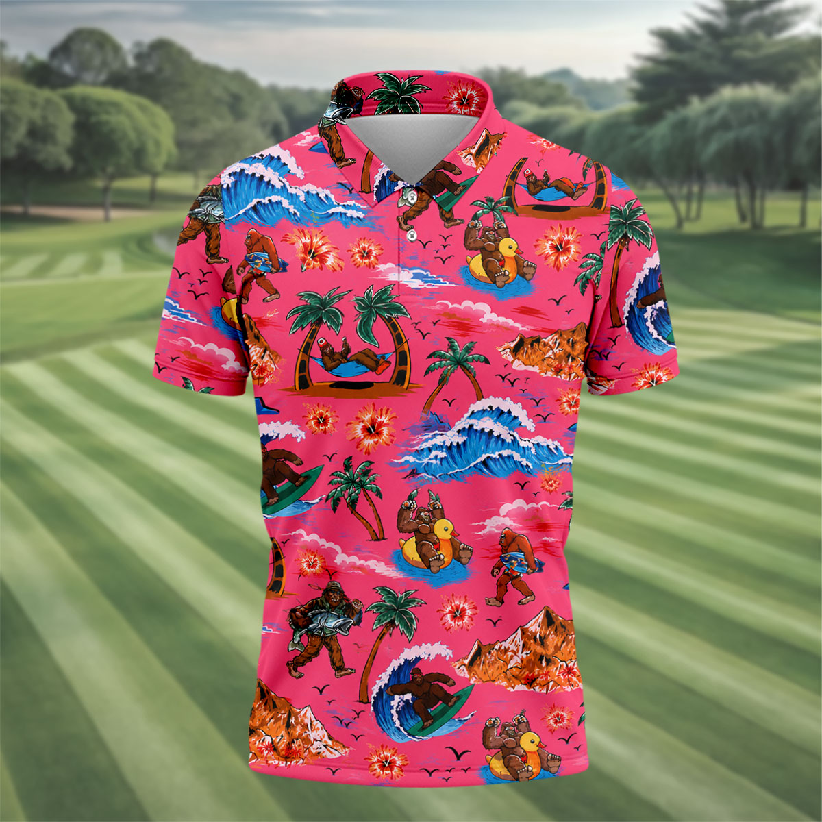 Pink Bigfoot Aloha Beach Vacation Golf Shirt, Mens Golf Polo, Printed Golf Shirts