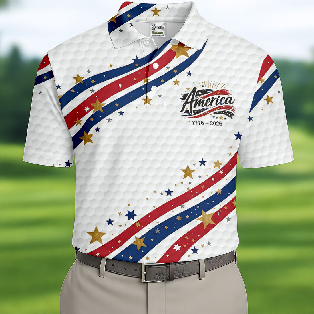 Red White Blue Wavy Stripes Golf Ball Pattern Patriotic Golf Shirt, 250th Anniversary Golf Shirts For Men