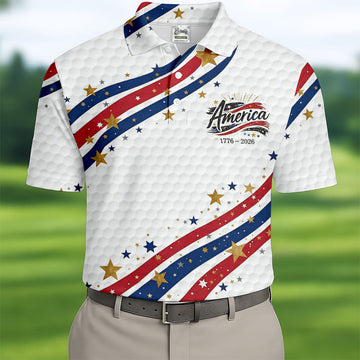 Red White Blue Wavy Stripes Golf Ball Pattern Patriotic Golf Shirt, 250th Anniversary Golf Shirts For Men