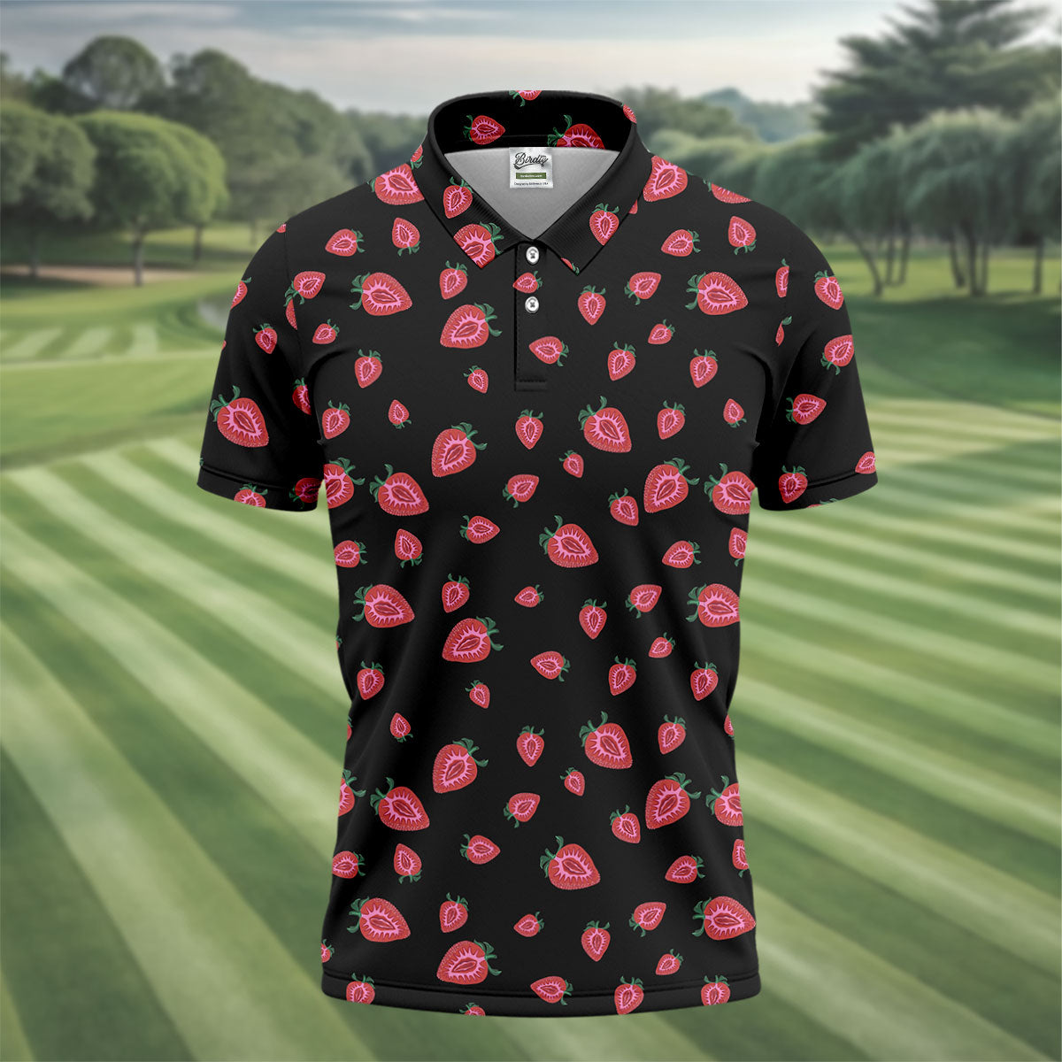 Strawberry Slice Black Golf Shirt, Men's Golf Shirt, Hawaiian Golf Shirt, Golf Shirts For Men