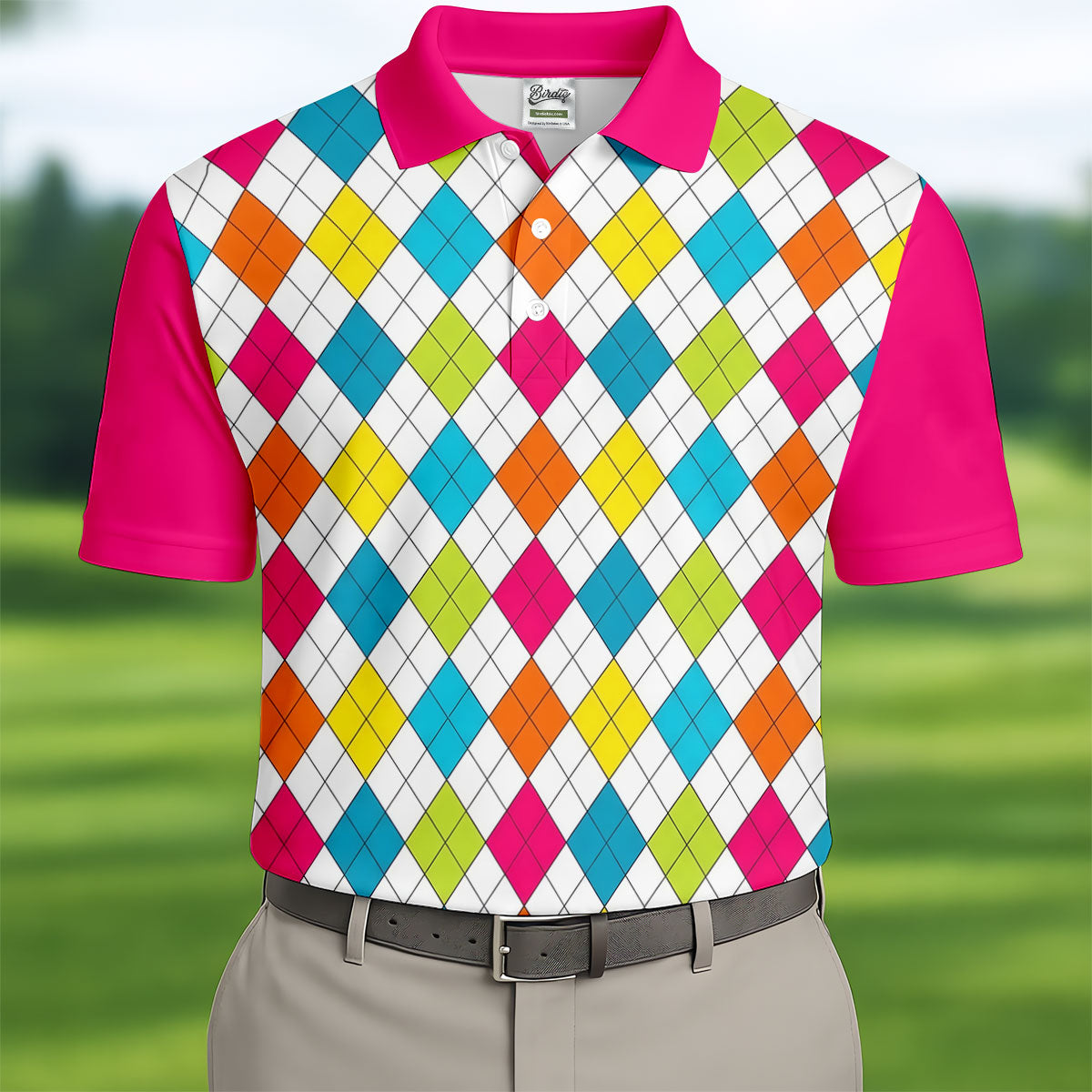 Pink Sleeve Colorful Argyle Plaid Golf Shirt, Mens Golf Polo, Printed Golf Shirts
