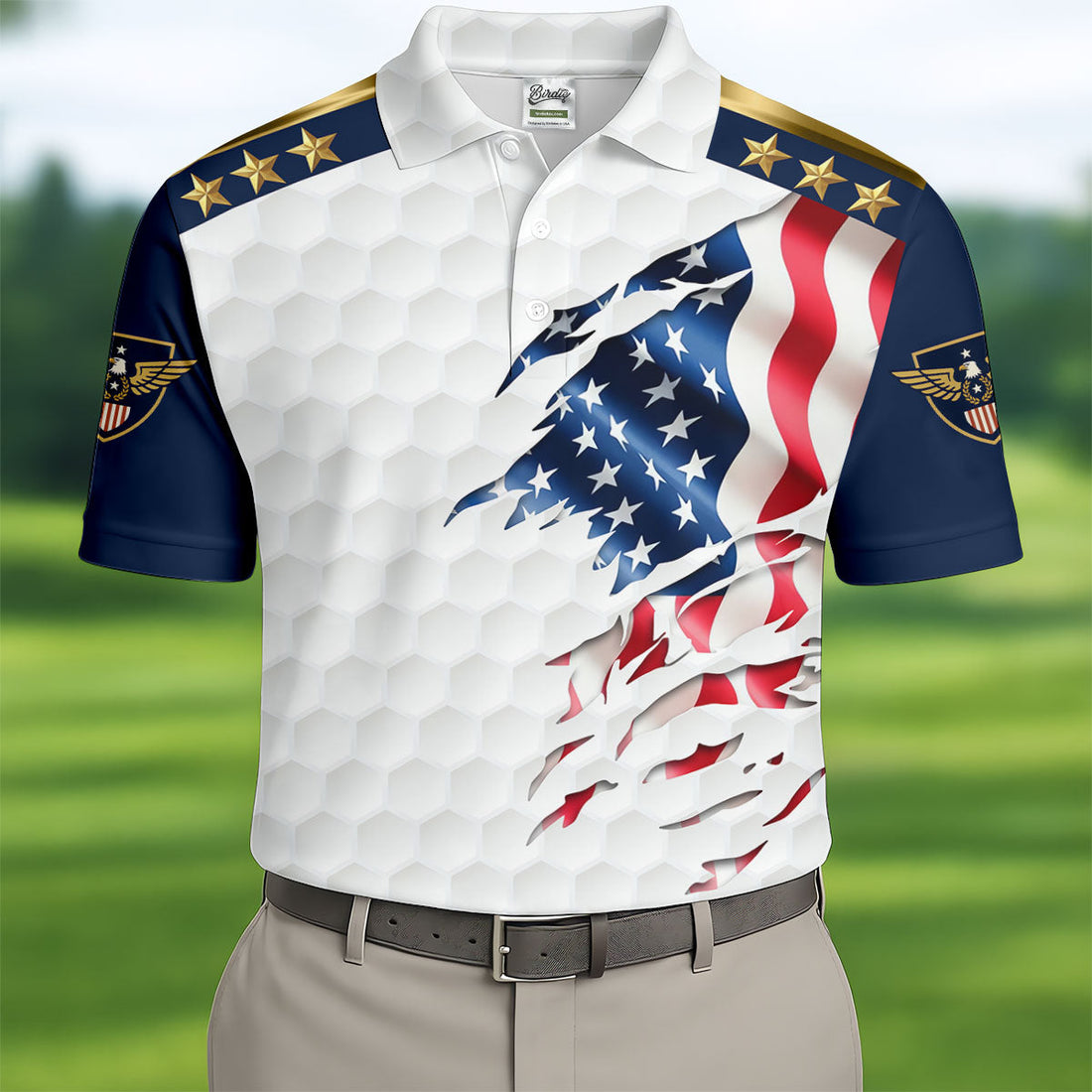 Rugged American Flag With Golf Ball Pattern 4th Of July Golf Tops For Men, 250th Anniversary Patriotic Golf Shirt