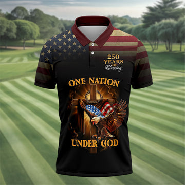 One Nation Under God 250 Years Faith Cross Golf Tops For Men, Patriotic US Flag Father's Day Golf Shirt