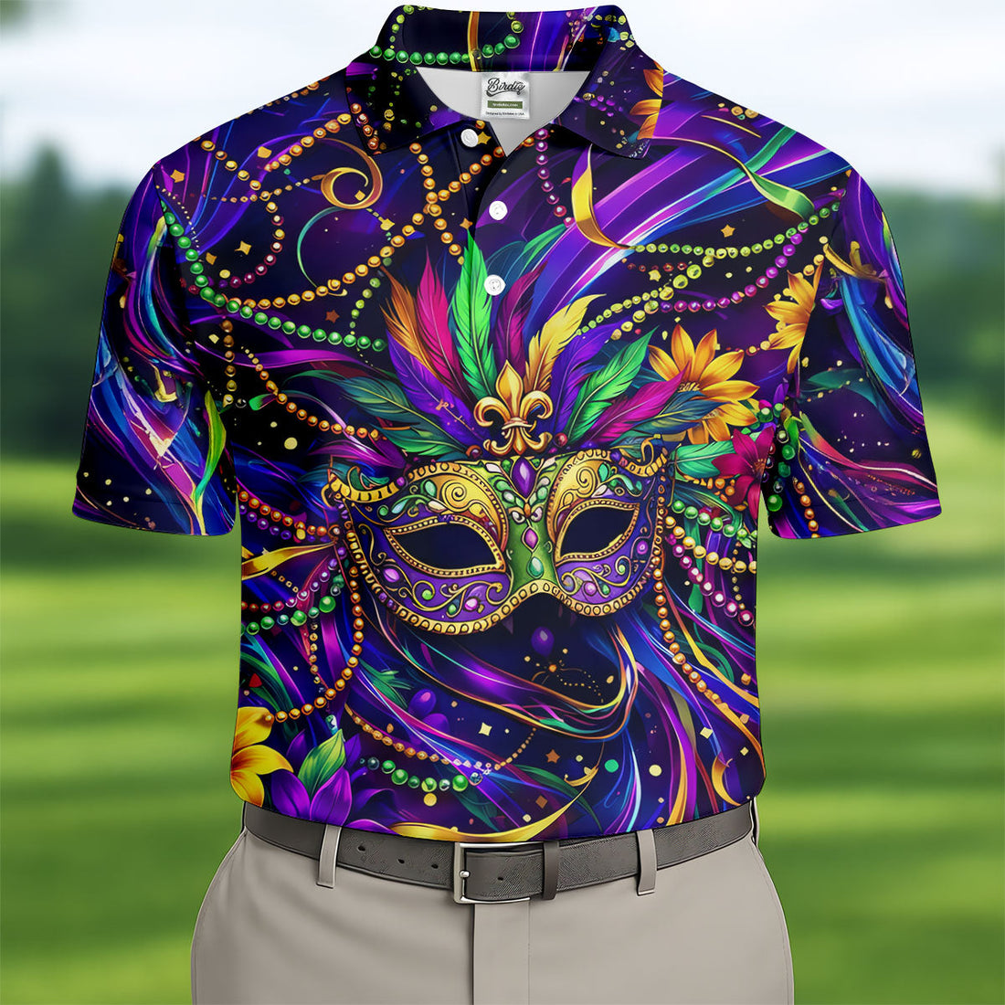 Mardi Gras Beads Ribbons Feather Masquerade Mask Print Golf Shirt, Golf Polo Shirtlf Tops For Men