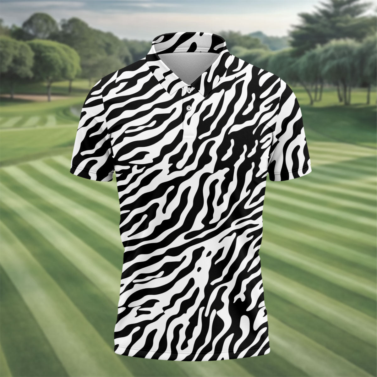 Zebra Print Golf Shirt, Black White Animal Pattern Men's Golf Polo, Polo Shirts For Men