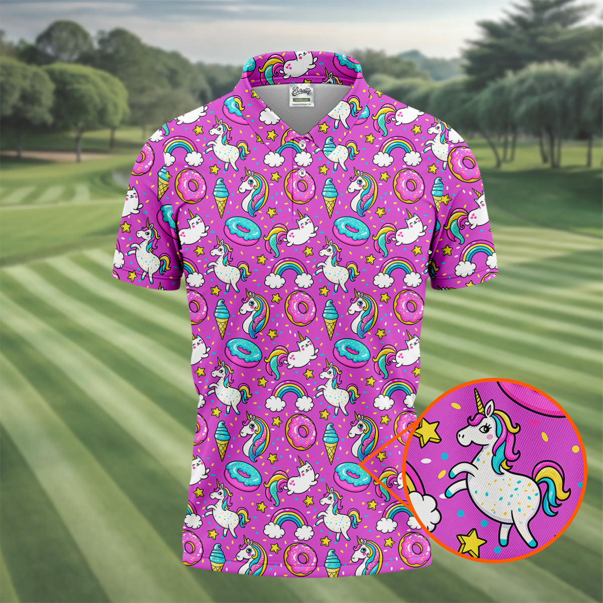 Funny Pink Donut Unicorn Mens Golf Shirts, Polo ShirtFor Men, Cute Golf Outfit, Golfing Apparel