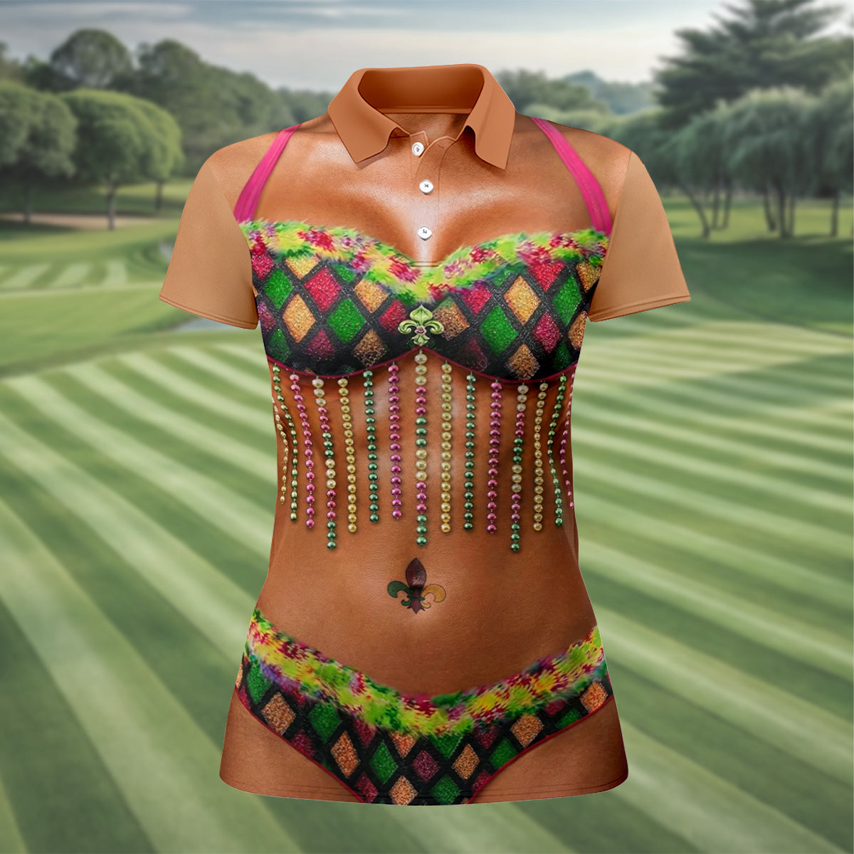 Muscle Body Funny Print Mardi Gras Golf Shirt, Fun Women's Golf Shirts, Women's Golf Tops, Ladies Golf Polos