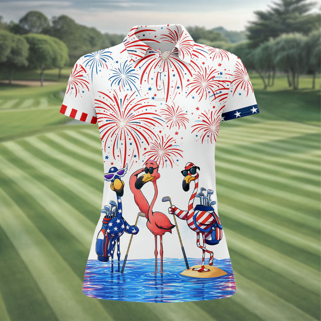 Funny Flamingo American Flag Pattern White Golf Shirt, 250th Anniversary Patriotic Golf Shirt, Women's Polo Shirt