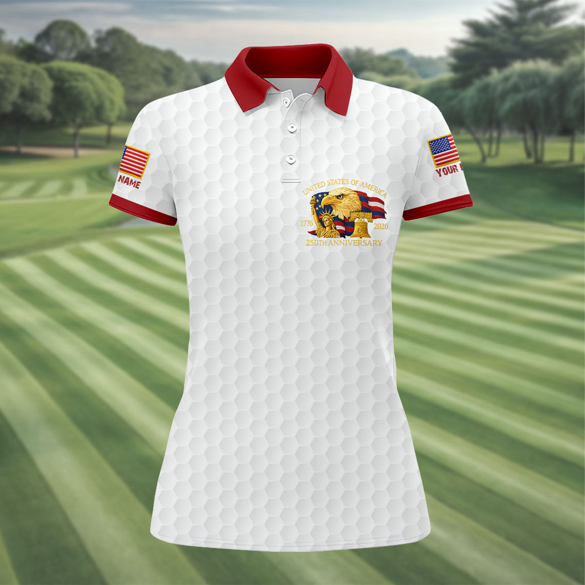 United States 250th Anniversary Patriotic Eagle White Custom Golf Shirts, 4th Of July Golf Shirt For Women