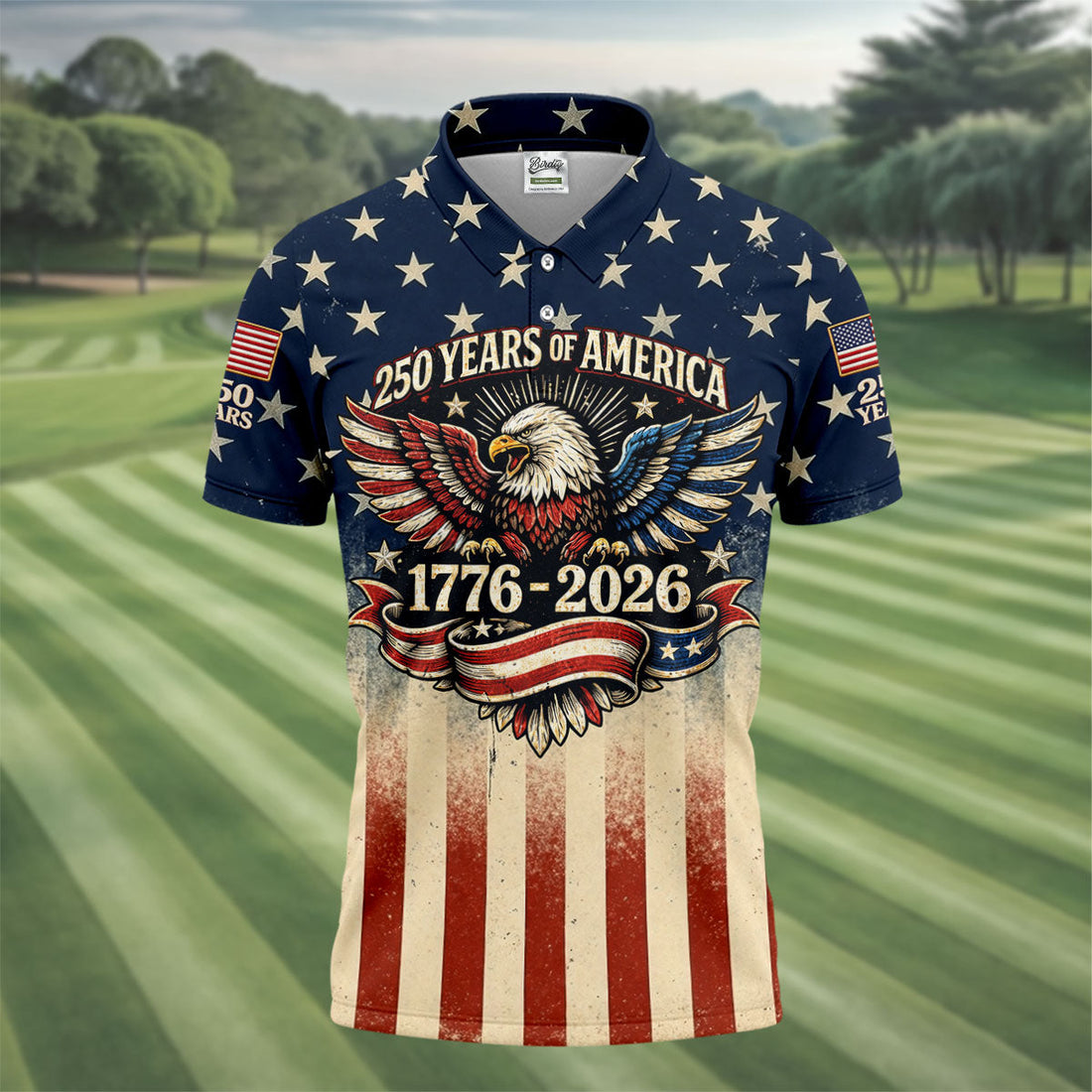 250 Years Bald Eagle US Flag Retro Golf Shirt, Patriotic 4th Of July Golf Shirts For Men