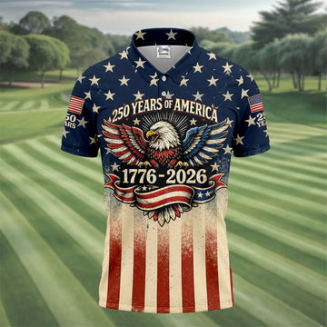250 Years Bald Eagle US Flag Retro Golf Shirt, Patriotic 4th Of July Golf Shirts For Men