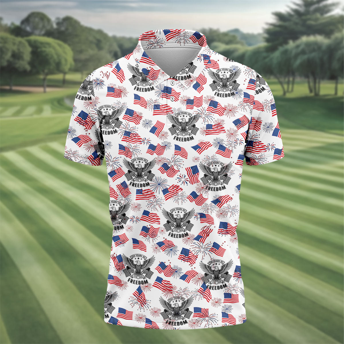 250 Years Of Freedom Festive Flag Vintage White Golf Shirt, Patriotic 4th Of July Golf Shirts For Men