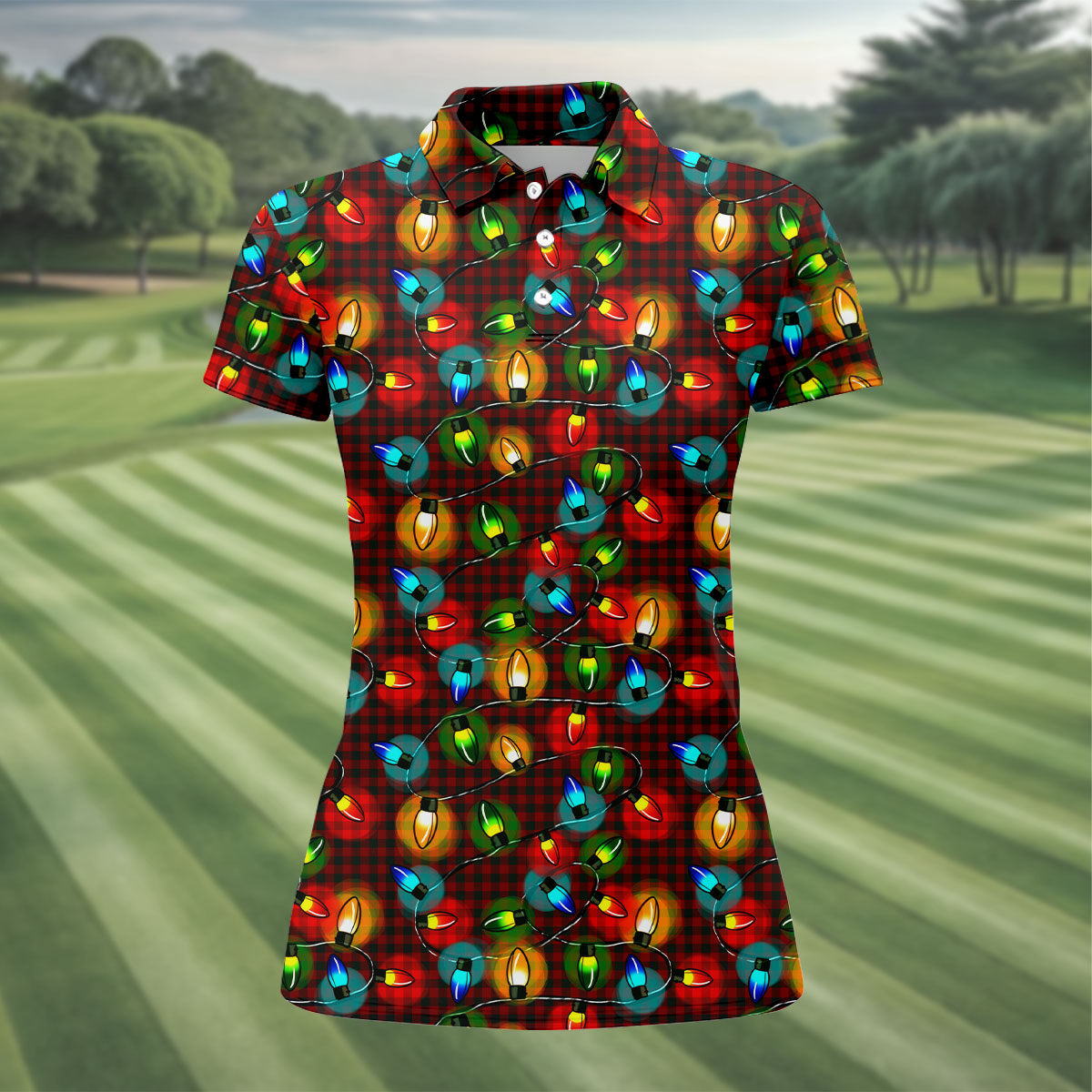 Colorful Christmas Light Plaid Women's Golf Tops, Christmas Golf Shirt, Golf Gift For Ladies