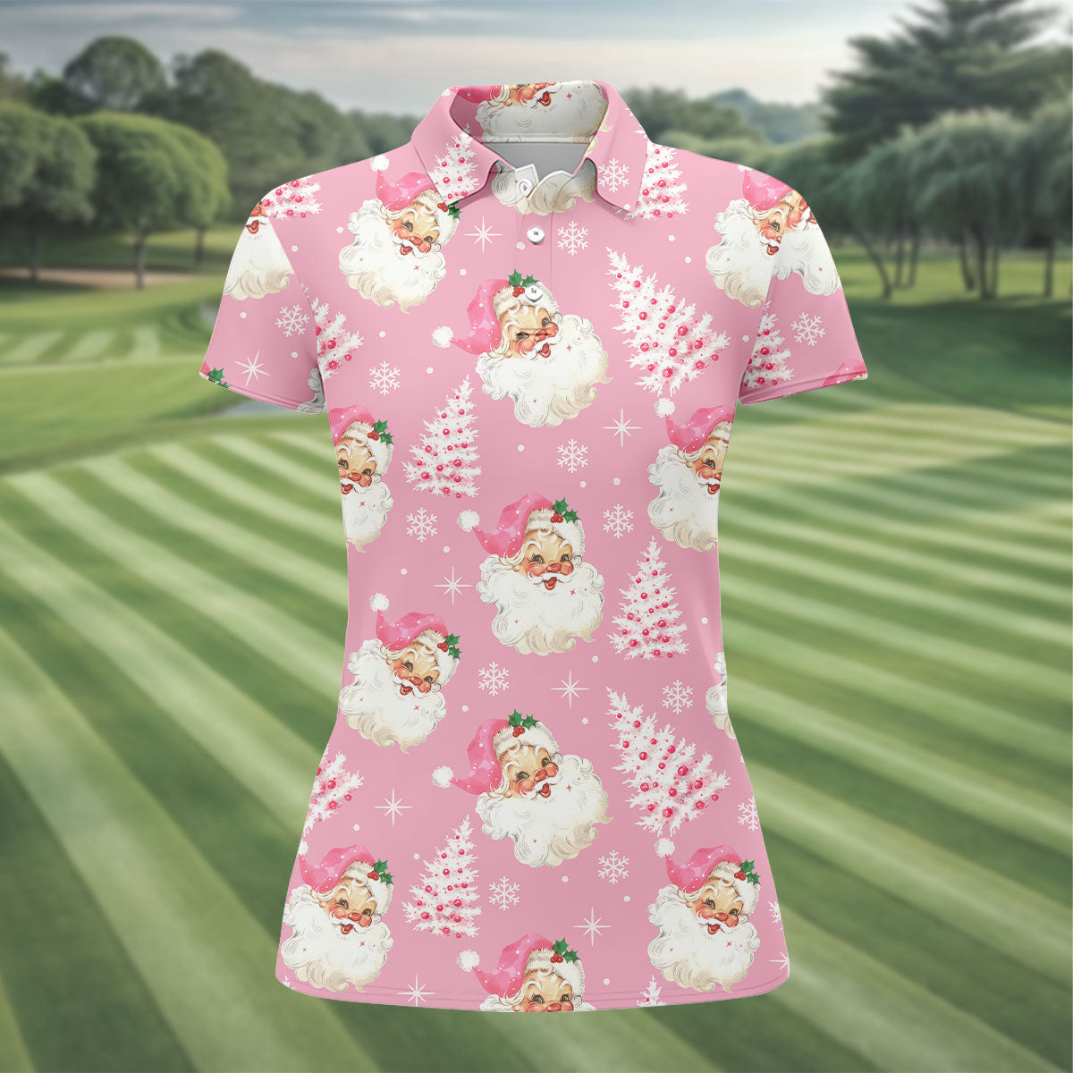 Pink Santa Claus Christmas Golf Shirt, Cute Golf Outfit, Women's Golf Tops, Golf Gift For Ladies