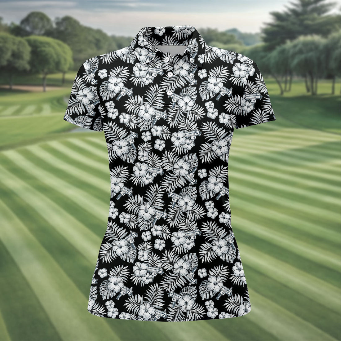 Black And White Pattern Tropical Hawaiian Golf Shirt, Summer Theme Golf Shirt For Women