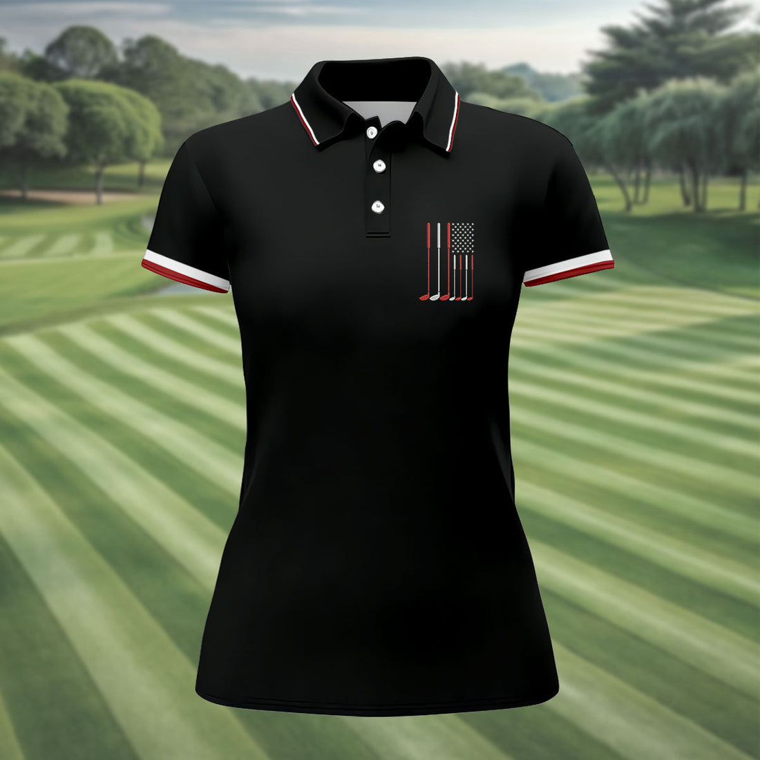 Golf Clubs America Flag Logo 250th Anniversary Black Golf Shirt, Patriotic Golf Shirt, Women's Golf Tops