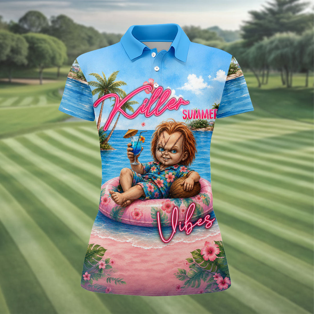 Killer Summer Vibes Evil Doll Golf Polo Shirt, Ladies Golf Shirts, Golf Polo For Women