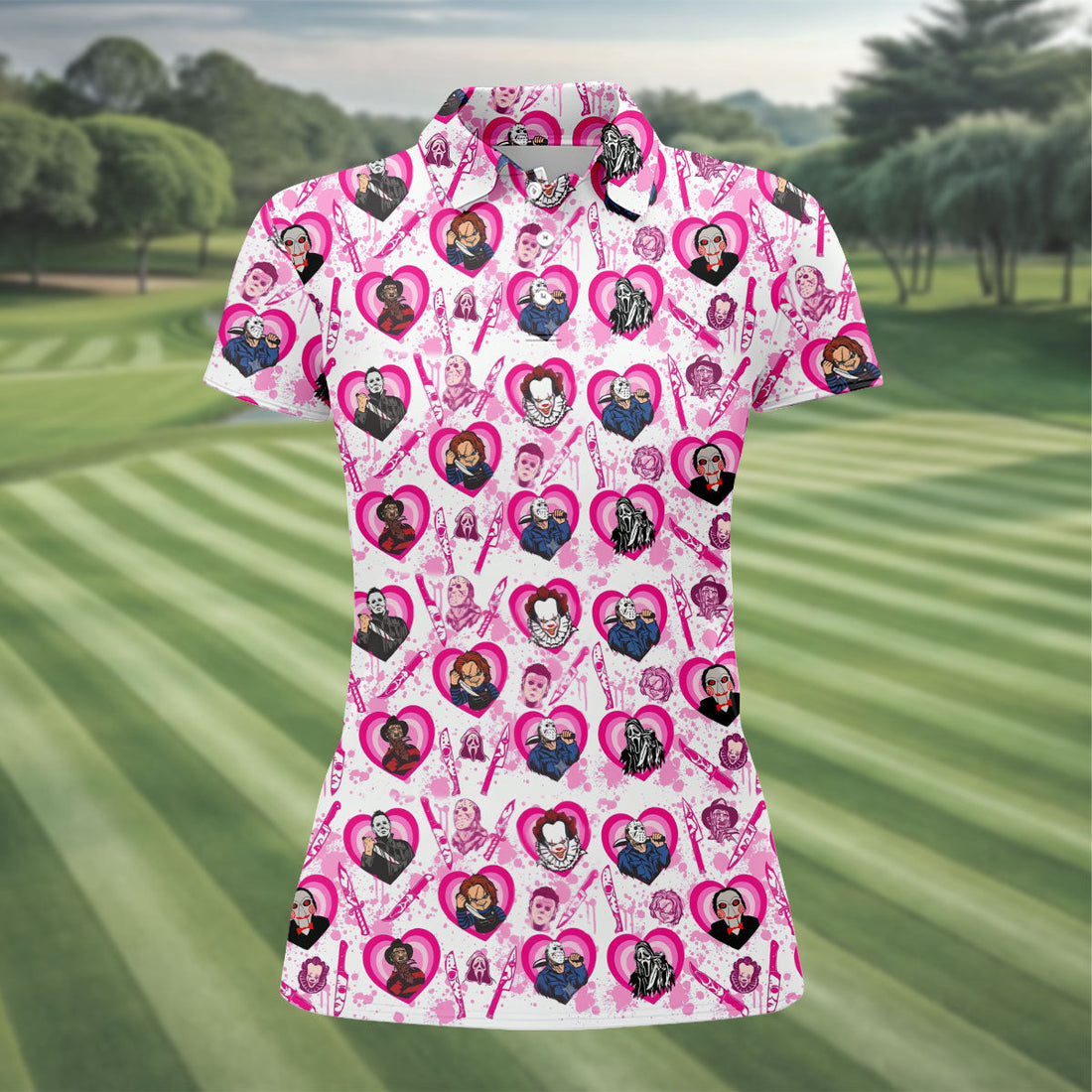 Pink Horror Character Pattern Golf Polo Shirt for Women Halloween Golf Apparel Ladies Golf Shirts