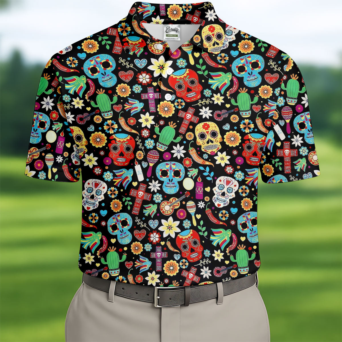 Skull With Flowers Cinco De Mayo Celebration Fiesta Themed Golf Tops For Men, Golf Shirts For Men
