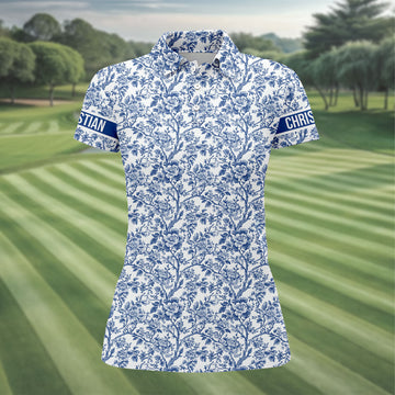 Toile De Jouy Blue Golf Shirt, Women's Golf Tops, Ladies Golf Shirts, Golf Gift For Ladies, Golf Shirt For Women