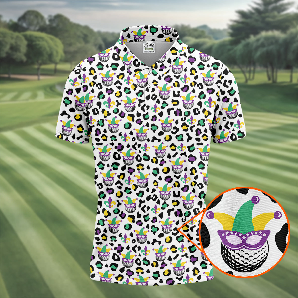 Mardi Gras Mask Leopard Spots Funny Golf Ball Golf Tops For Men, Polo ShirtFor Men, Golf Shirts For Men