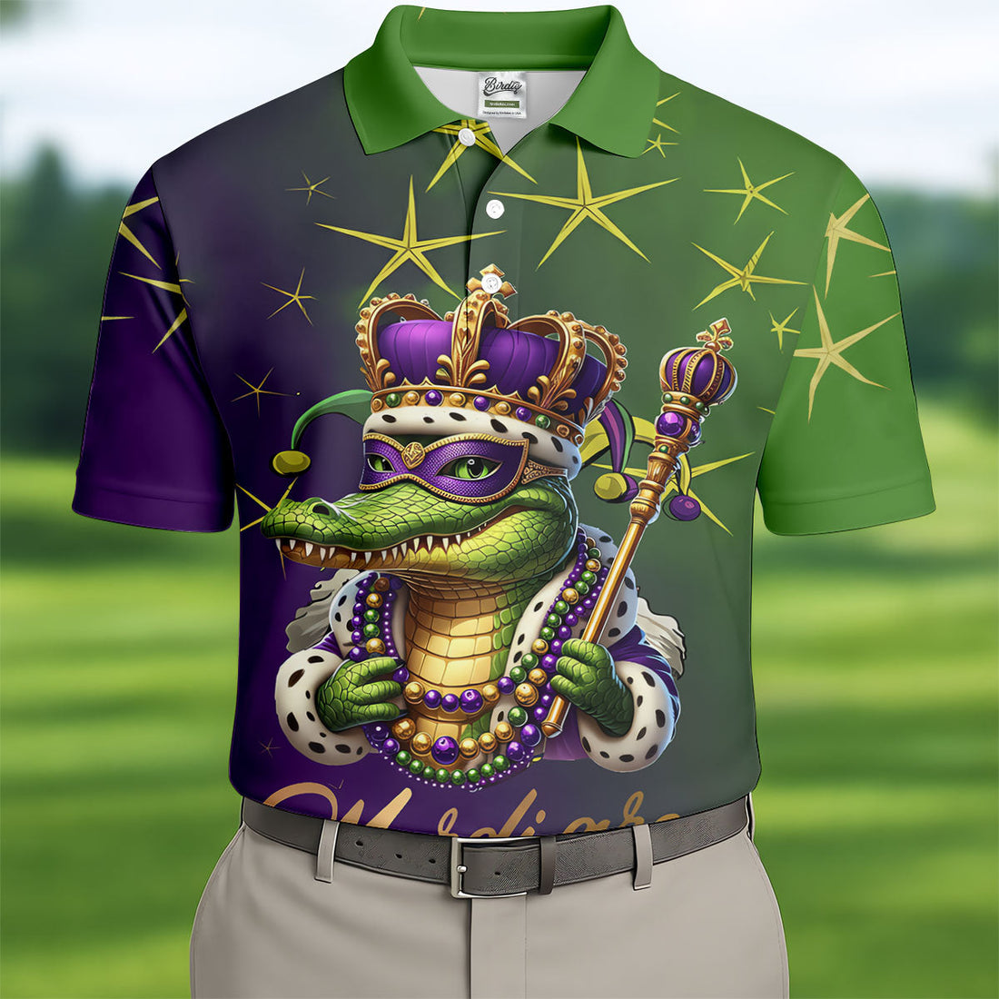 Mardi Gras Aligator Crown Mask Purple Green Gold Golf Tops For Men, Polo ShirtFor Men, Golf Shirts For Men