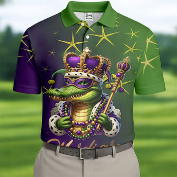 Mardi Gras Aligator Crown Mask Purple Green Gold Golf Tops For Men, Polo ShirtFor Men, Golf Shirts For Men