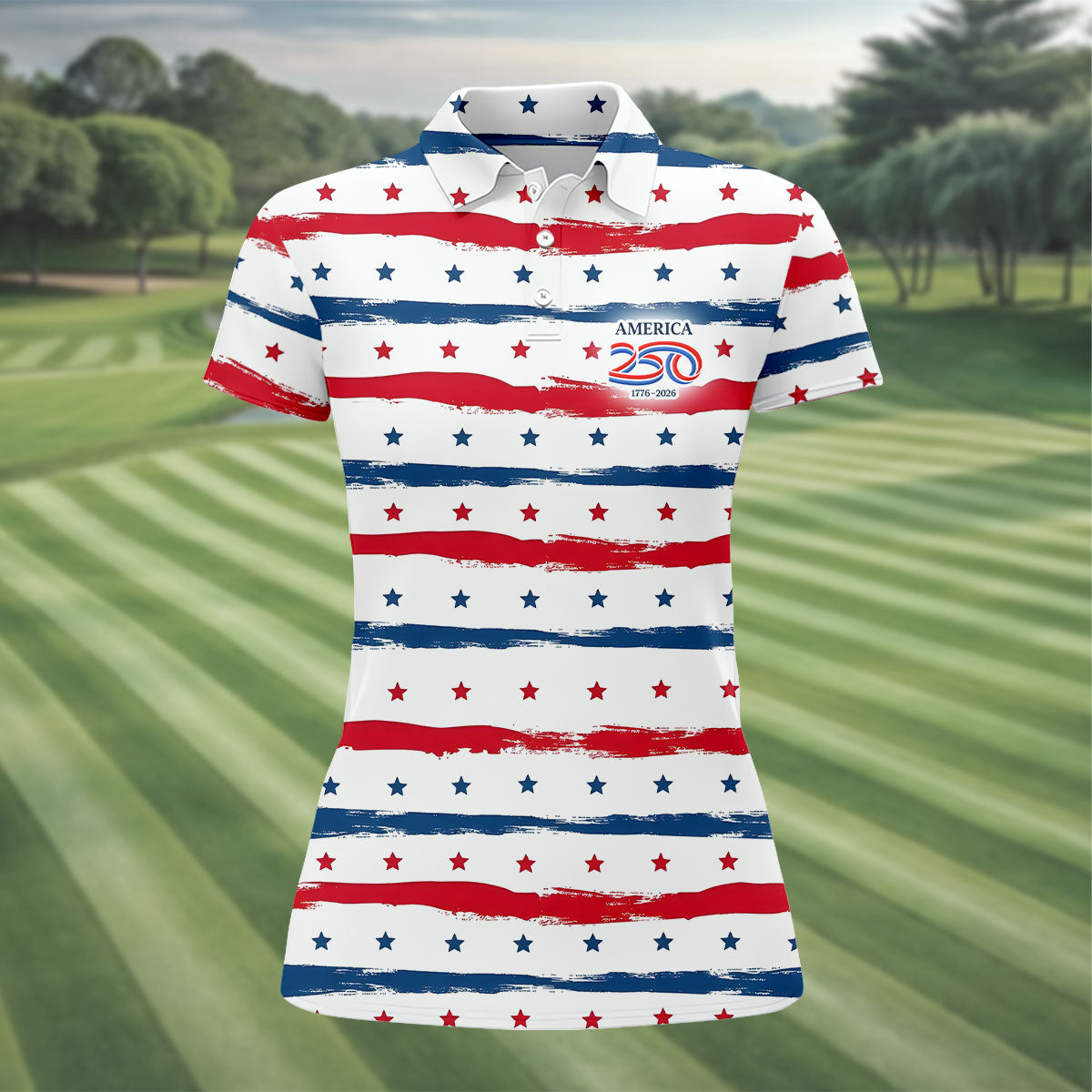 America 250 Red White Blue Stars And Stripes Ladies Golf Tops, Patriotic 4th Of July Golf Shirt For Women